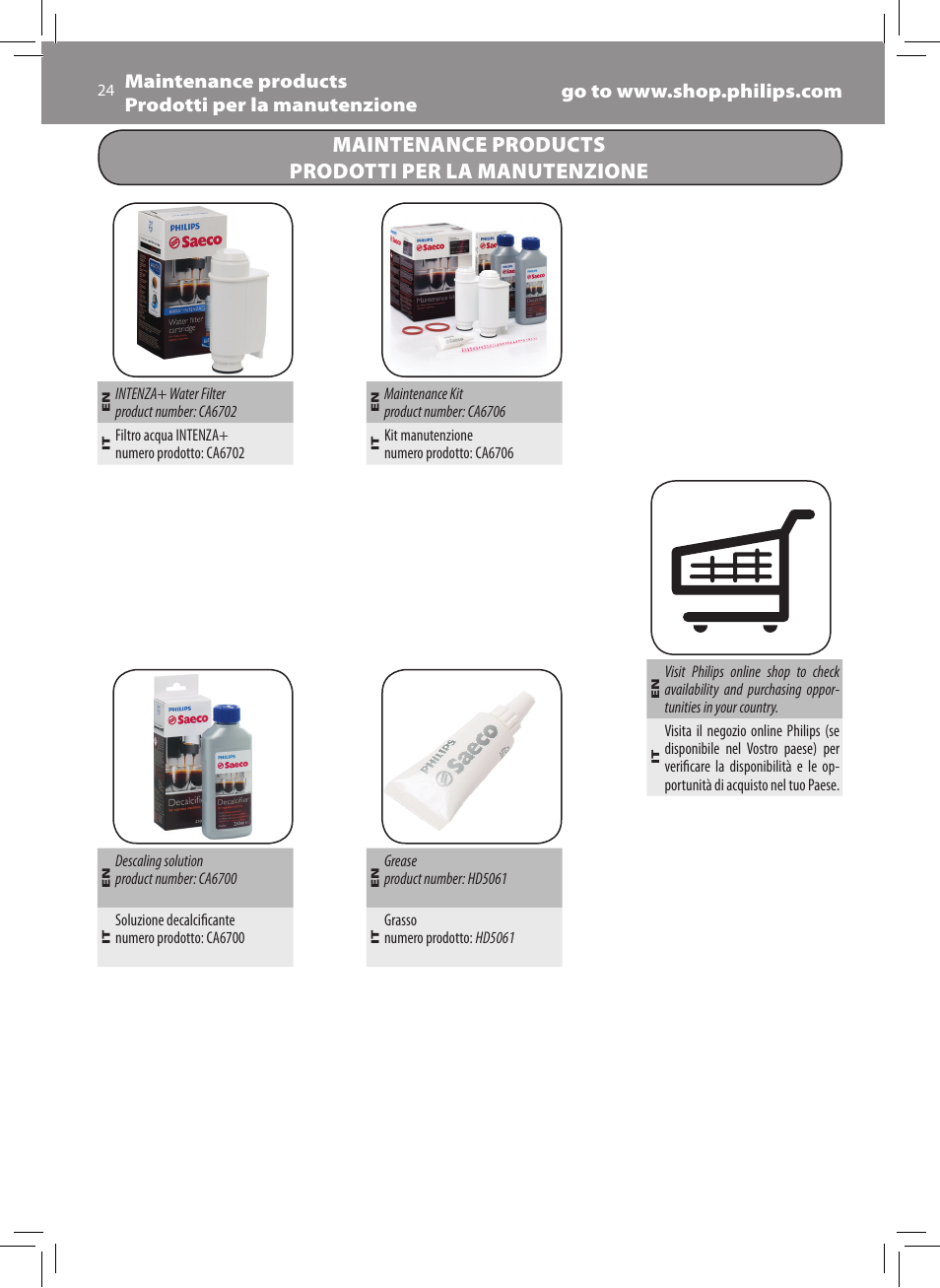 Maintenance products prodotti per la manutenzione | Philips Saeco Xsmall Cafetera expreso súper automática User Manual | Page 24 / 68