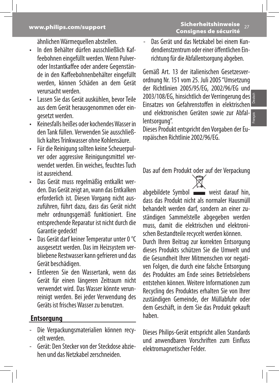 Philips Saeco Xsmall Cafetera expreso súper automática User Manual | Page 27 / 68