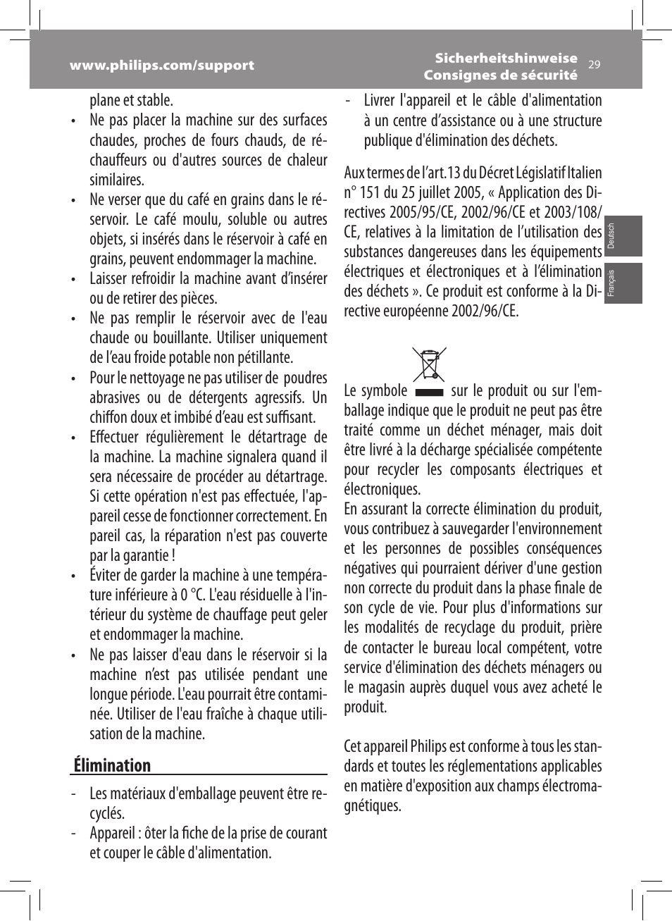 Philips Saeco Xsmall Cafetera expreso súper automática User Manual | Page 29 / 68