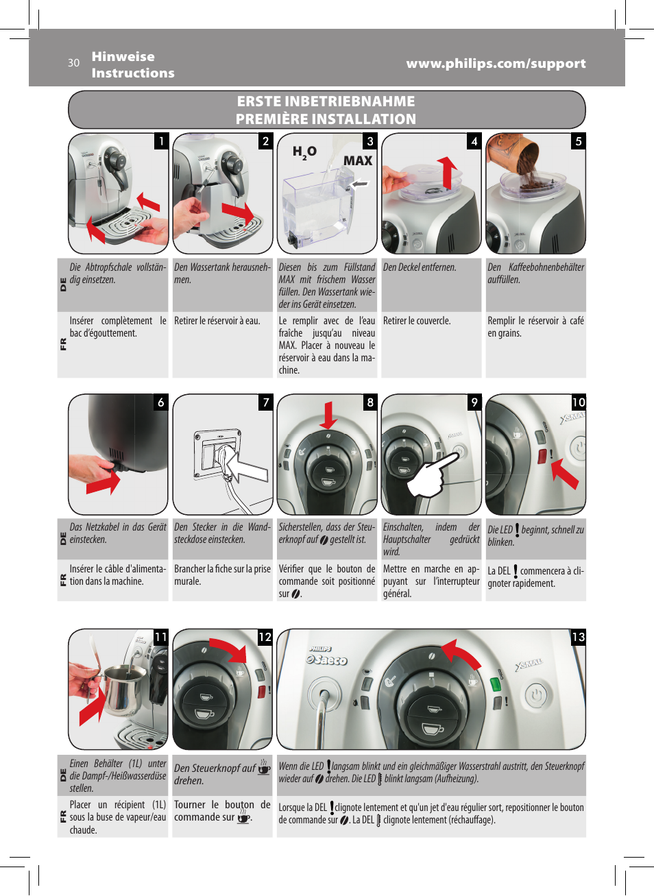Erste inbetriebnahme première installation | Philips Saeco Xsmall Cafetera expreso súper automática User Manual | Page 30 / 68