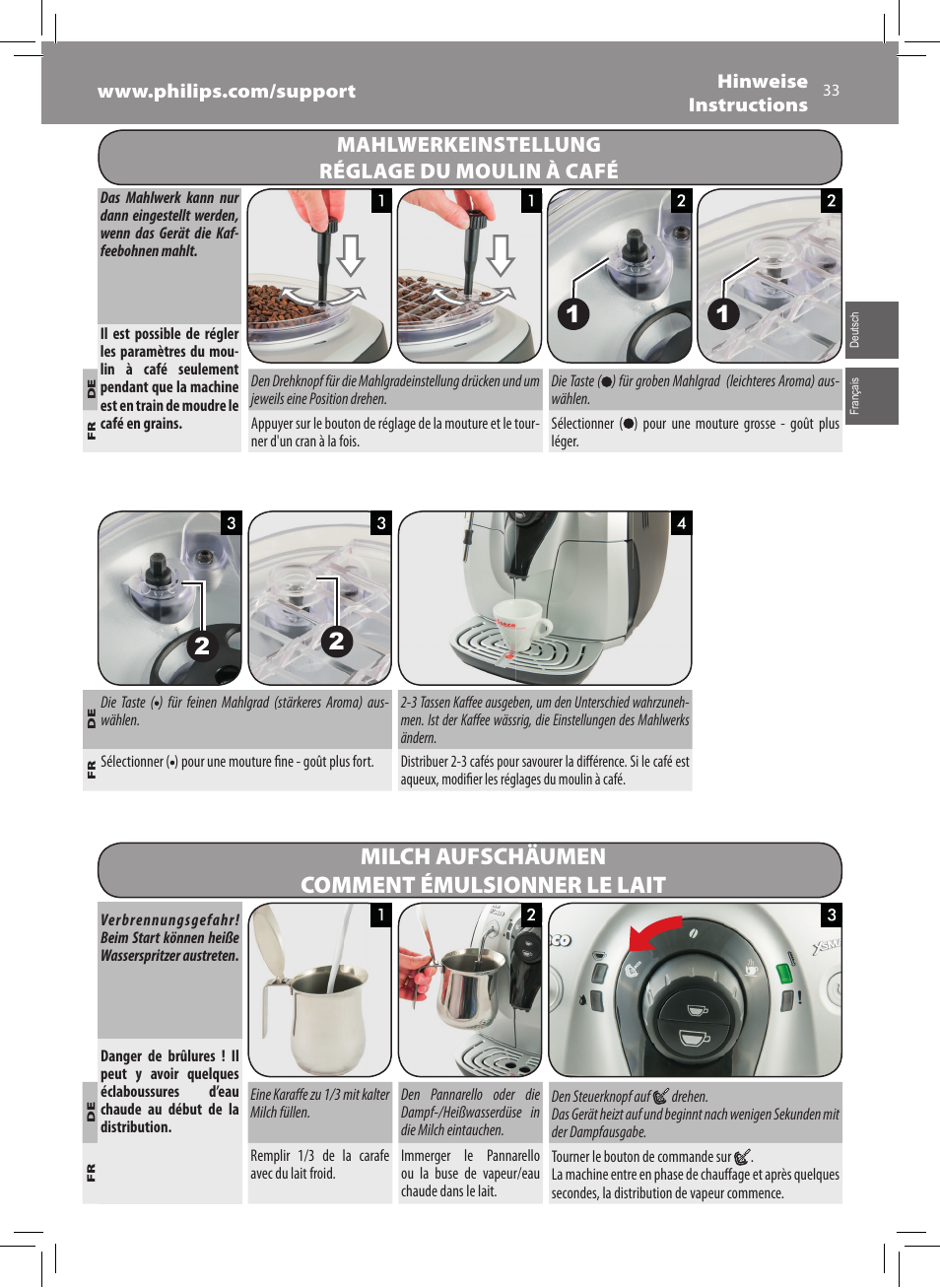 Milch aufschäumen comment émulsionner le lait, Mahlwerkeinstellung réglage du moulin à café | Philips Saeco Xsmall Cafetera expreso súper automática User Manual | Page 33 / 68