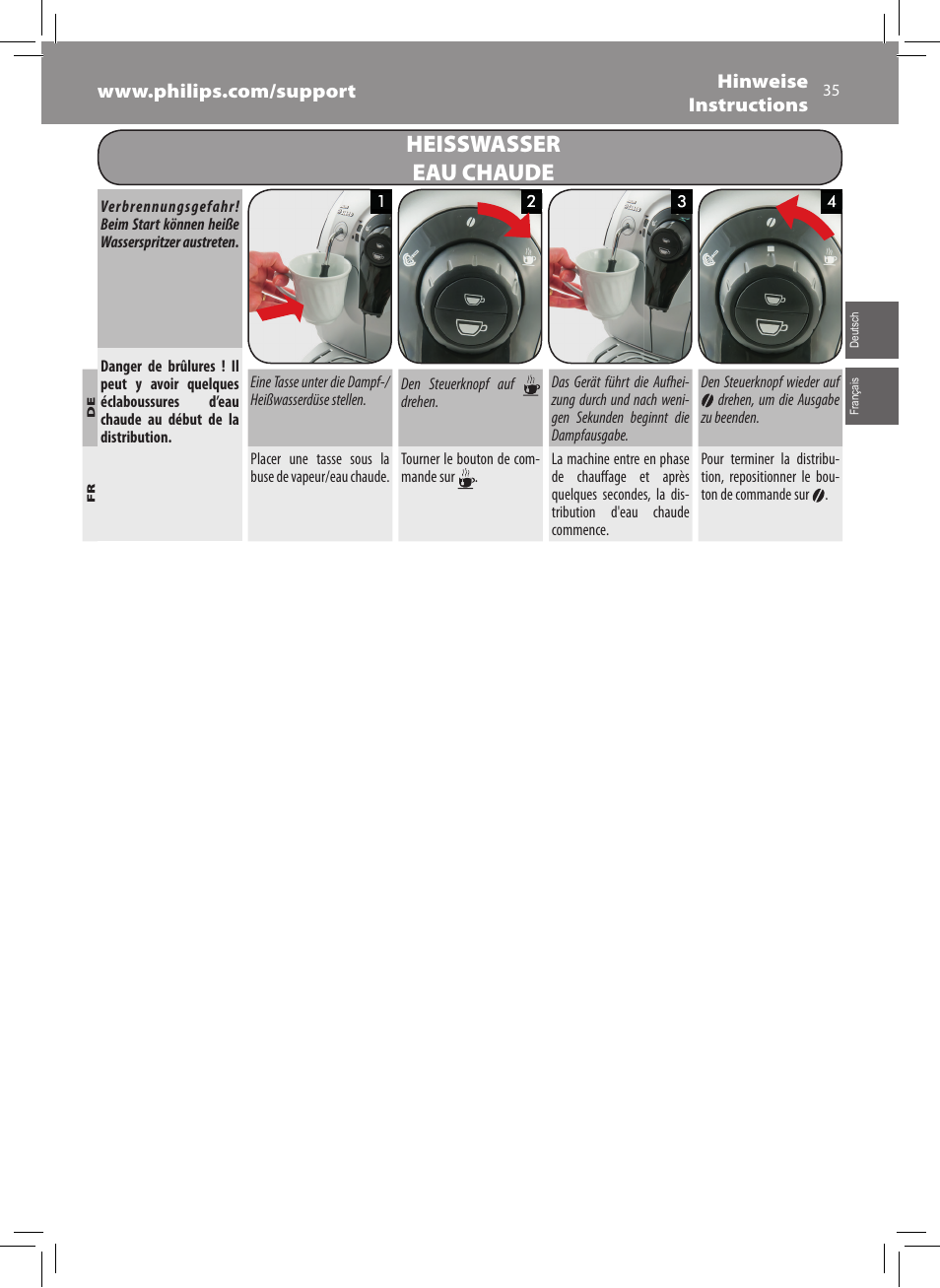 Heisswasser eau chaude | Philips Saeco Xsmall Cafetera expreso súper automática User Manual | Page 35 / 68