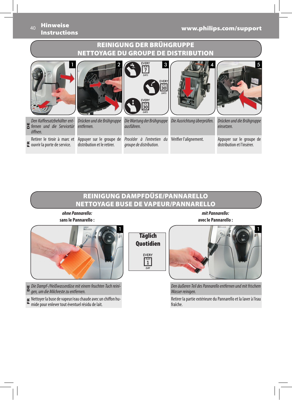 Täglich quotidien | Philips Saeco Xsmall Cafetera expreso súper automática User Manual | Page 40 / 68