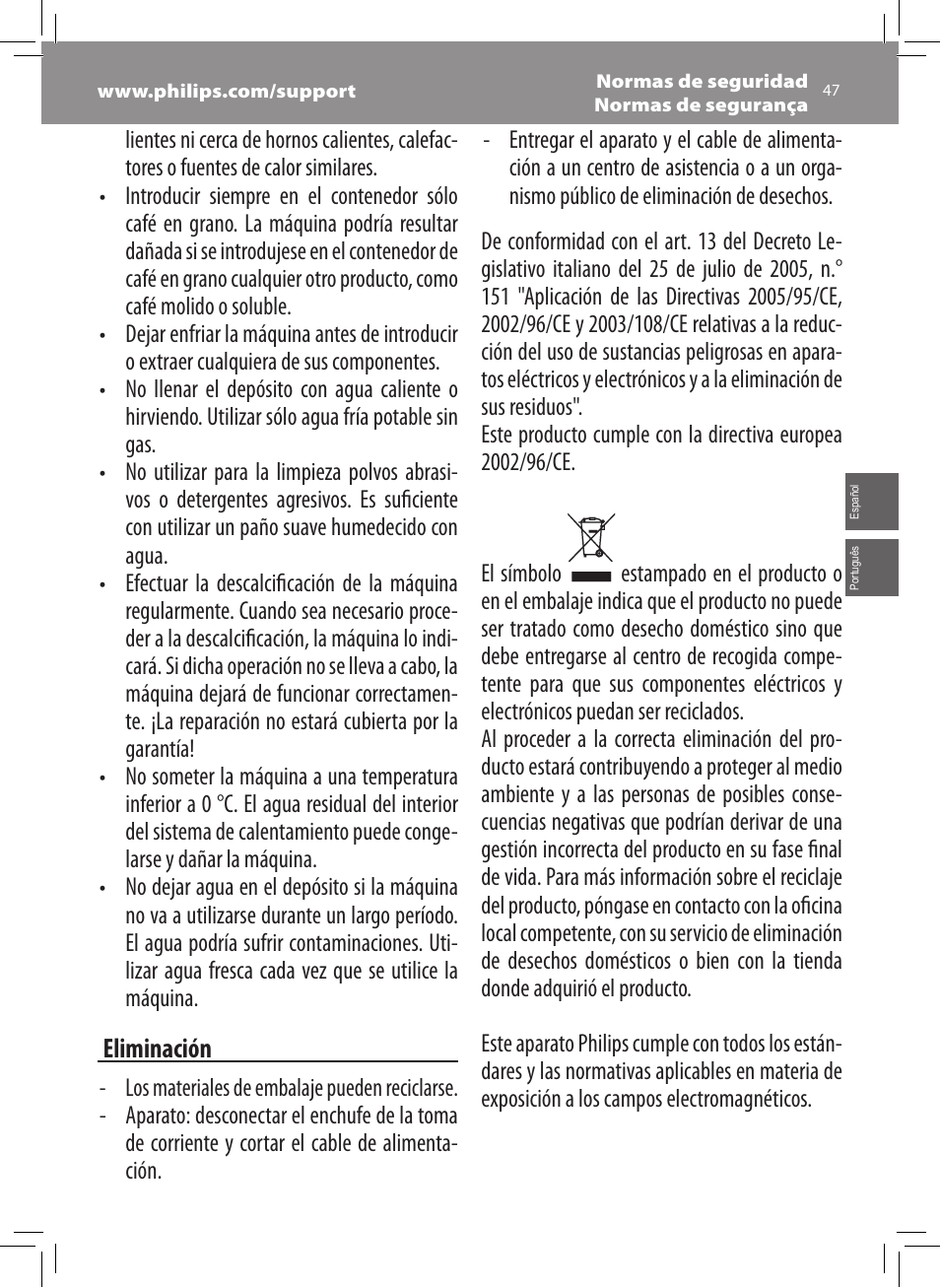 Philips Saeco Xsmall Cafetera expreso súper automática User Manual | Page 47 / 68