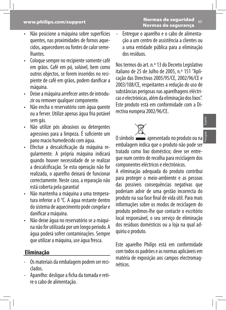 Philips Saeco Xsmall Cafetera expreso súper automática User Manual | Page 49 / 68