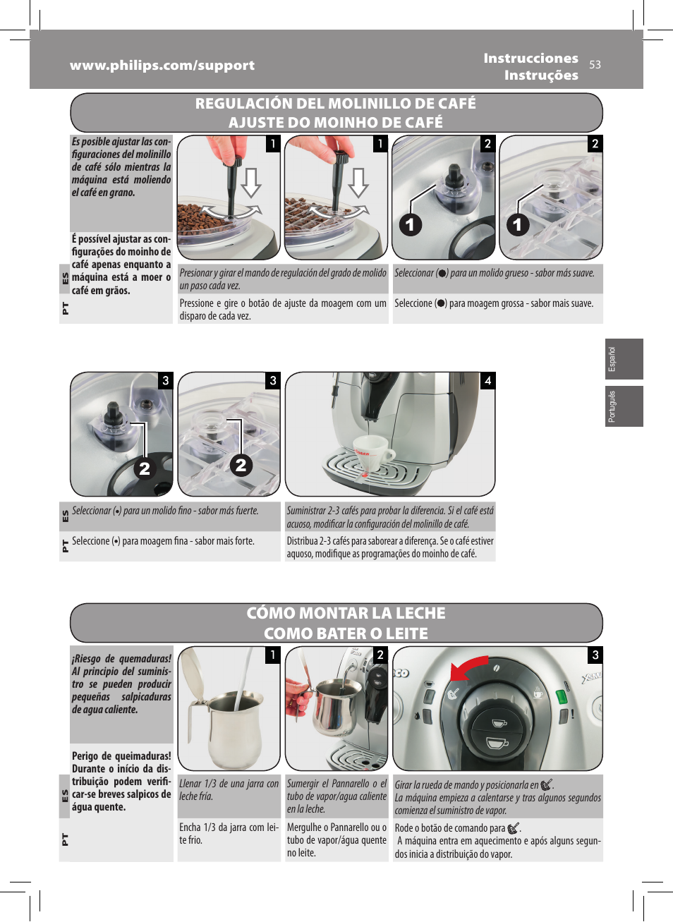Cómo montar la leche como bater o leite | Philips Saeco Xsmall Cafetera expreso súper automática User Manual | Page 53 / 68