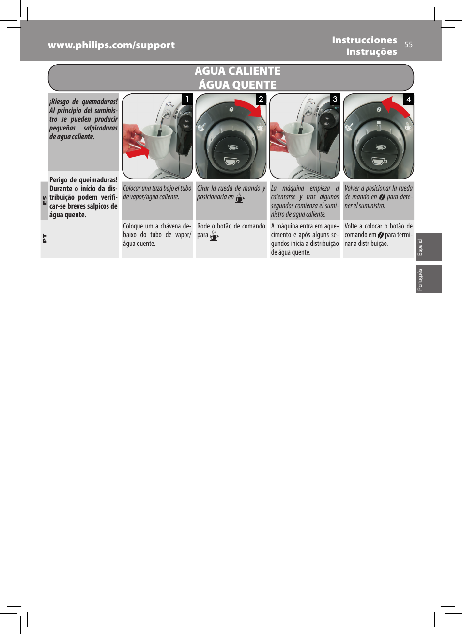 Agua caliente água quente | Philips Saeco Xsmall Cafetera expreso súper automática User Manual | Page 55 / 68