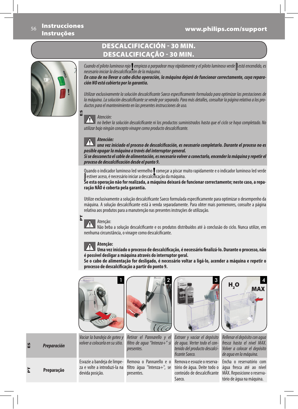 Philips Saeco Xsmall Cafetera expreso súper automática User Manual | Page 56 / 68