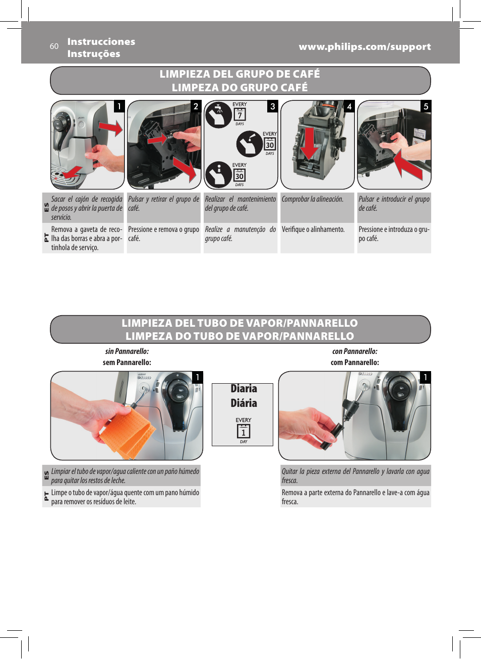 Diaria diária | Philips Saeco Xsmall Cafetera expreso súper automática User Manual | Page 60 / 68