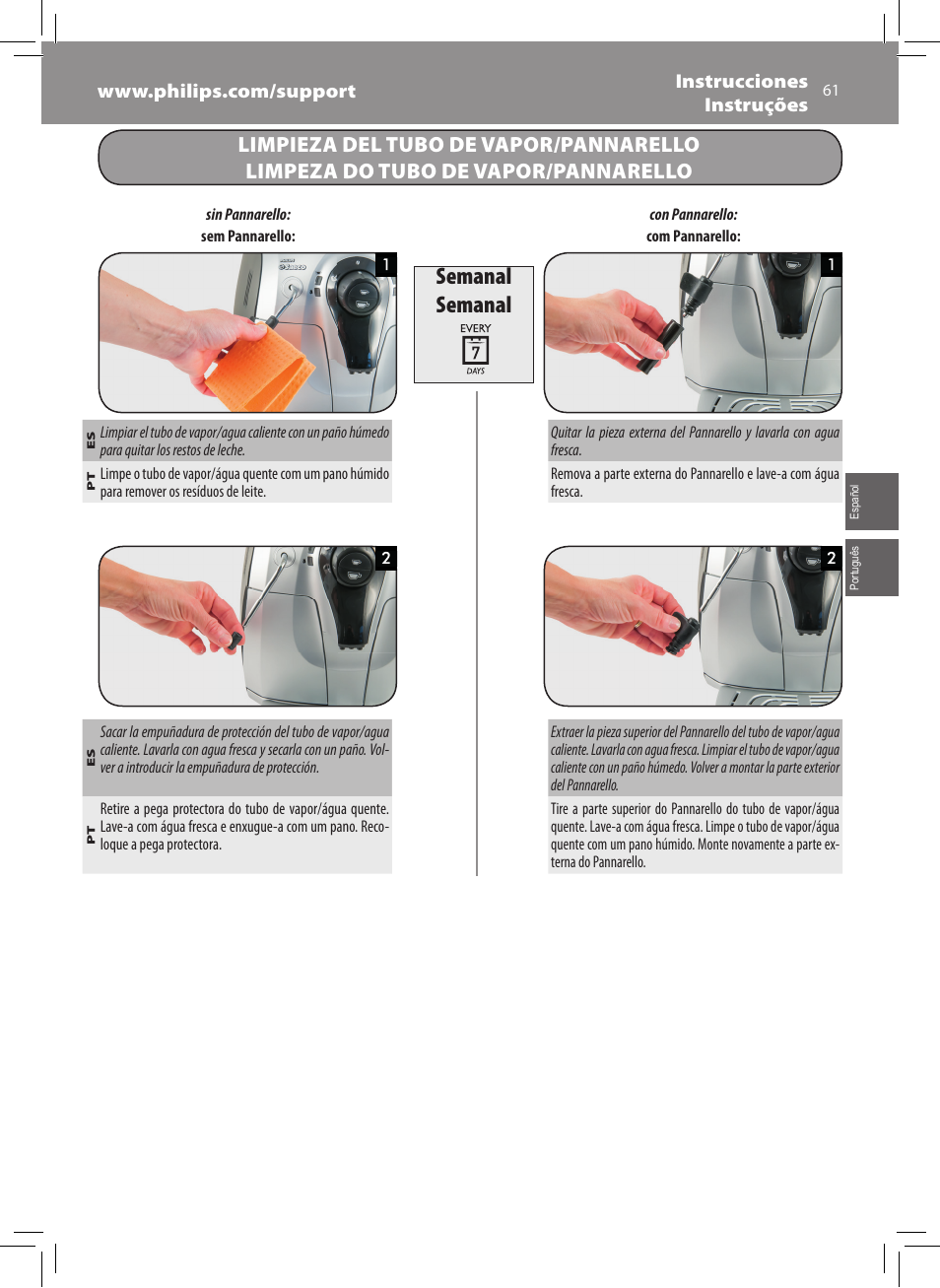 Semanal | Philips Saeco Xsmall Cafetera expreso súper automática User Manual | Page 61 / 68