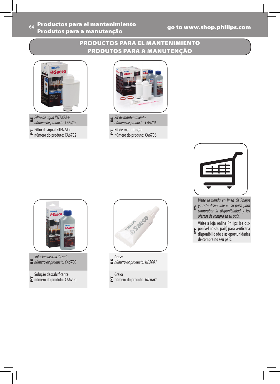 Philips Saeco Xsmall Cafetera expreso súper automática User Manual | Page 64 / 68