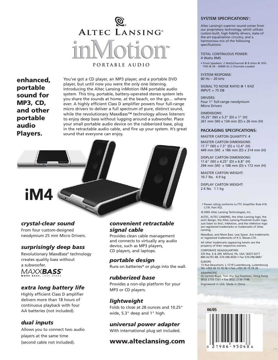 Crystal-clear sound, Surprisingly deep bass, Extra long battery life | Dual inputs, Convenient retractable signal cable, Portable design, Rubberized base, Lightweight, Universal power adapter | Altec Lansing inMotion IM4 User Manual | Page 2 / 2