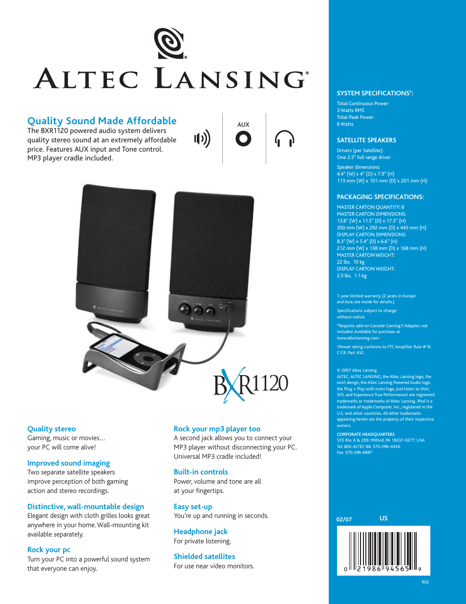 Quality sound made affordable | Altec Lansing BXR1120 User Manual | Page 2 / 2
