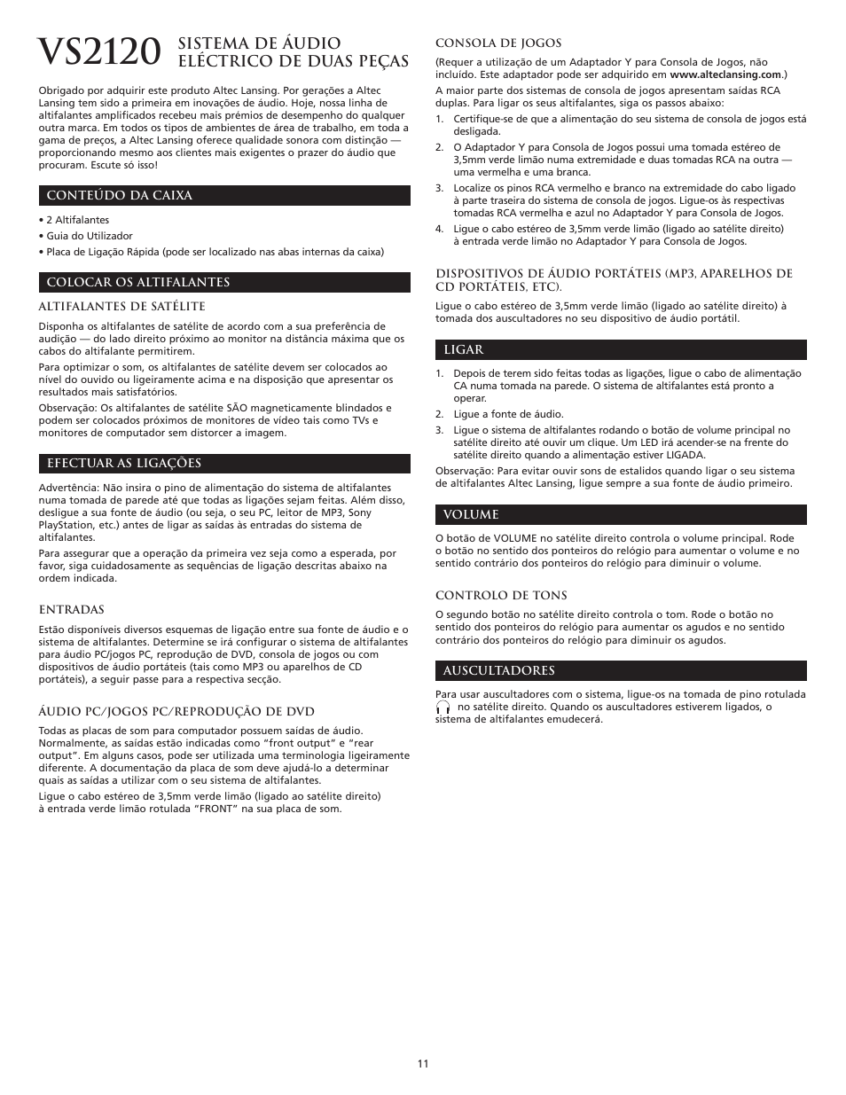 Vs2120, Sistema de áudio eléctrico de duas peças | Altec Lansing VS2120 User Manual | Page 13 / 33