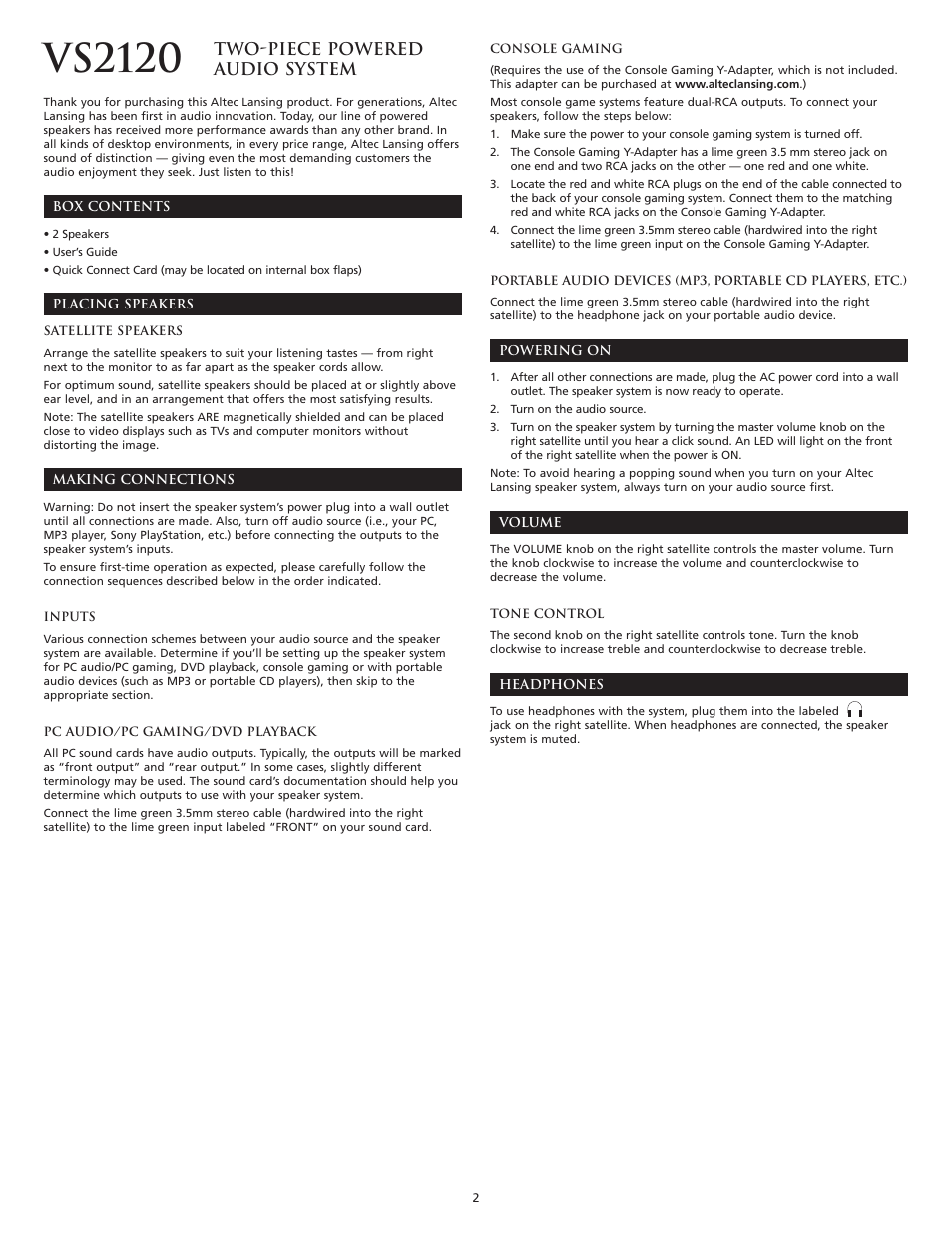 Vs2120, Two-piece powered audio system | Altec Lansing VS2120 User Manual | Page 4 / 33