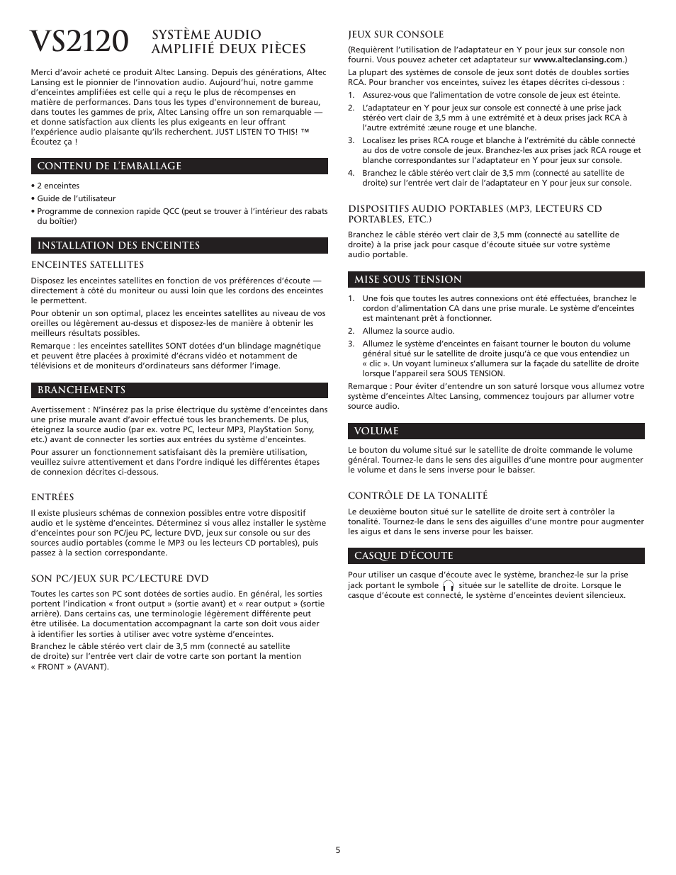 Vs2120, Système audio amplifié deux pièces | Altec Lansing VS2120 User Manual | Page 7 / 33