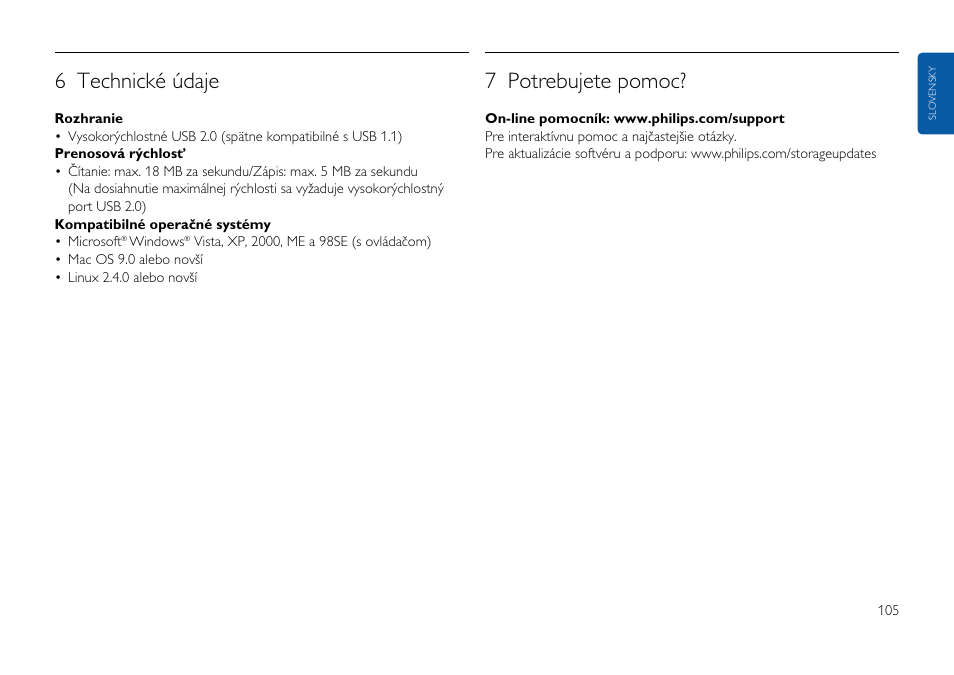 6 technické údaje, 7 potrebujete pomoc | Philips FMxxFD25B/00 User Manual | Page 105 / 130