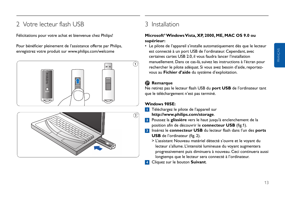 2 votre lecteur flash usb, 3 installation | Philips FMxxFD25B/00 User Manual | Page 13 / 130