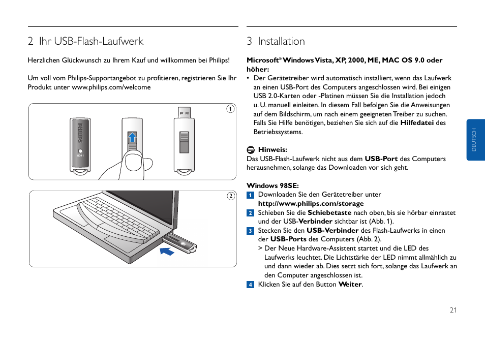 2 ihr usb-flash-laufwerk, 3 installation | Philips FMxxFD25B/00 User Manual | Page 21 / 130