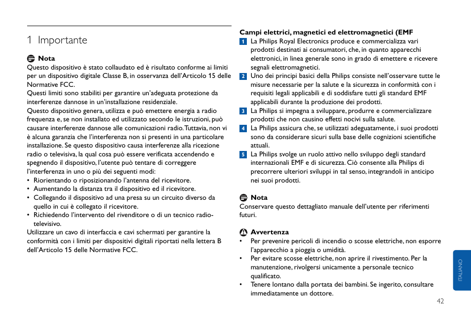 Fare clic qui, 1 importante | Philips FMxxFD25B/00 User Manual | Page 42 / 130