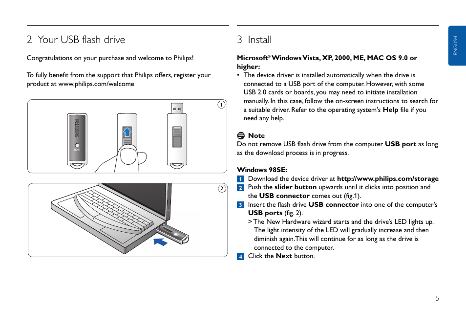 2 your usb flash drive, 3 install | Philips FMxxFD25B/00 User Manual | Page 5 / 130