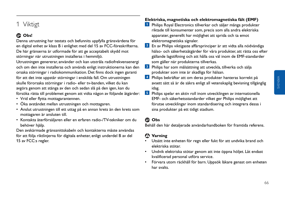 Klicka här, 1 viktigt | Philips FMxxFD25B/00 User Manual | Page 66 / 130