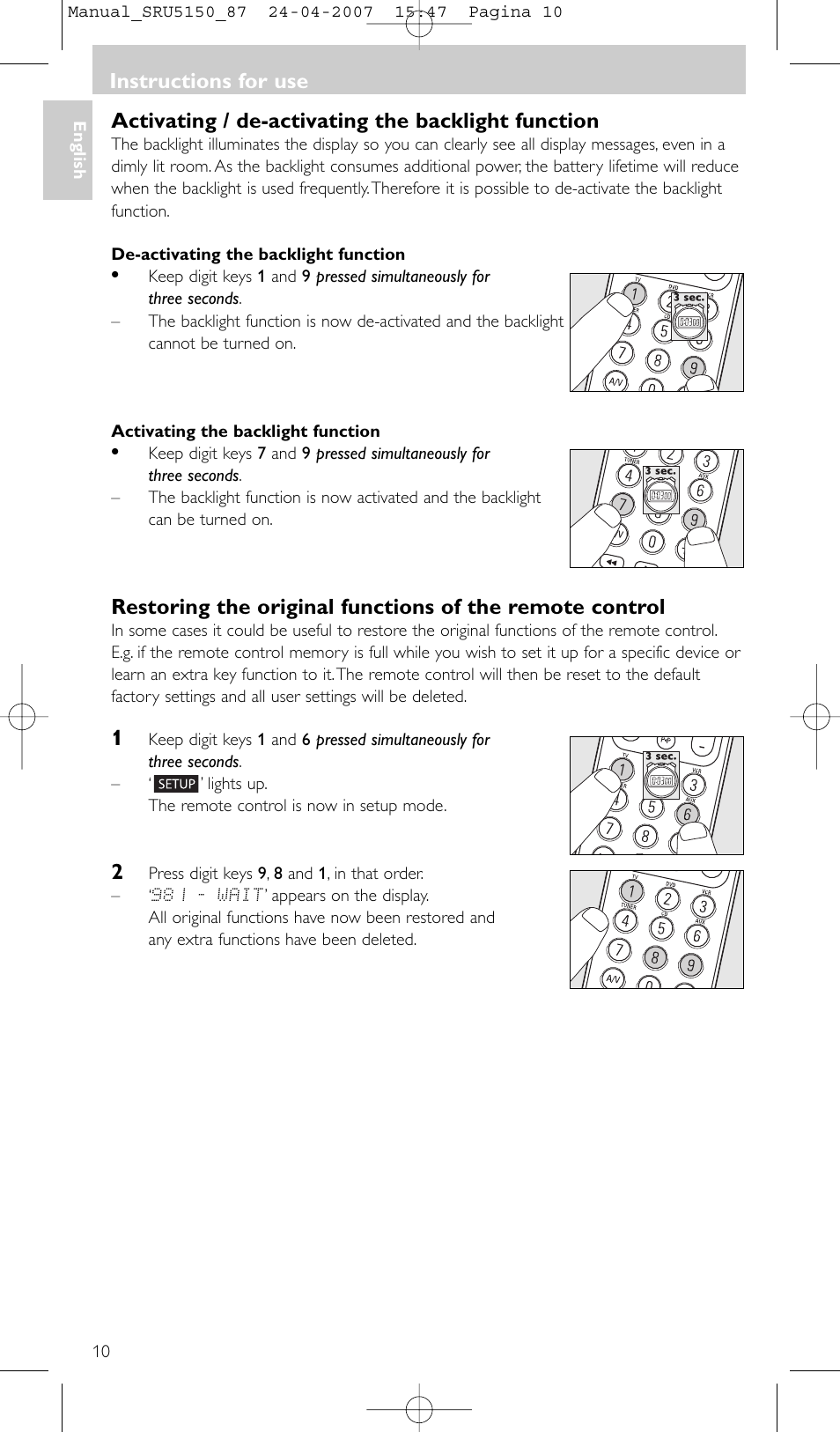 Activating / de-activating the backlight function, Instructions for use | Philips Mando a distancia universal User Manual | Page 10 / 80