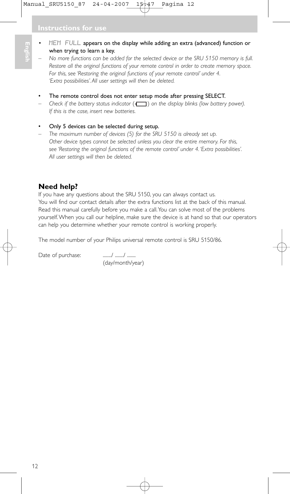 Need help, Instructions for use | Philips Mando a distancia universal User Manual | Page 12 / 80