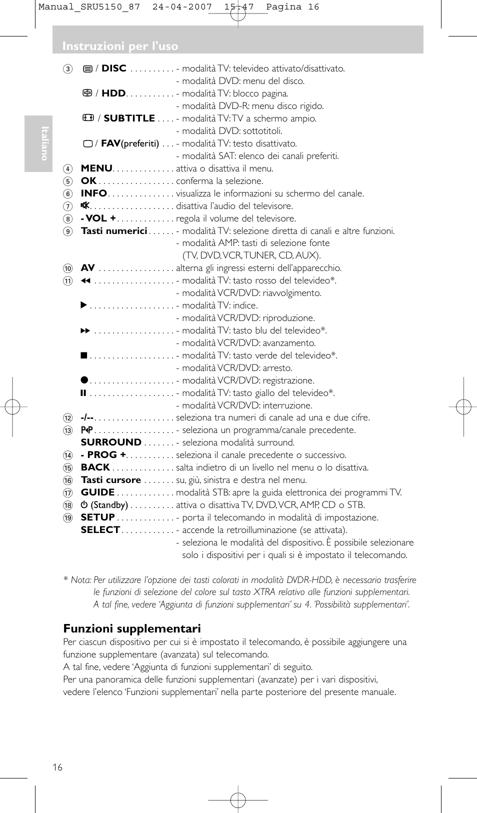 Funzioni supplementari, Instruzioni per l'uso | Philips Mando a distancia universal User Manual | Page 16 / 80