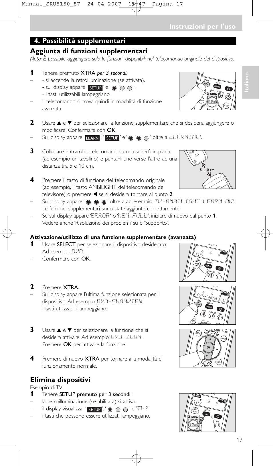 Elimina dispositivi, Instruzioni per l'uso | Philips Mando a distancia universal User Manual | Page 17 / 80