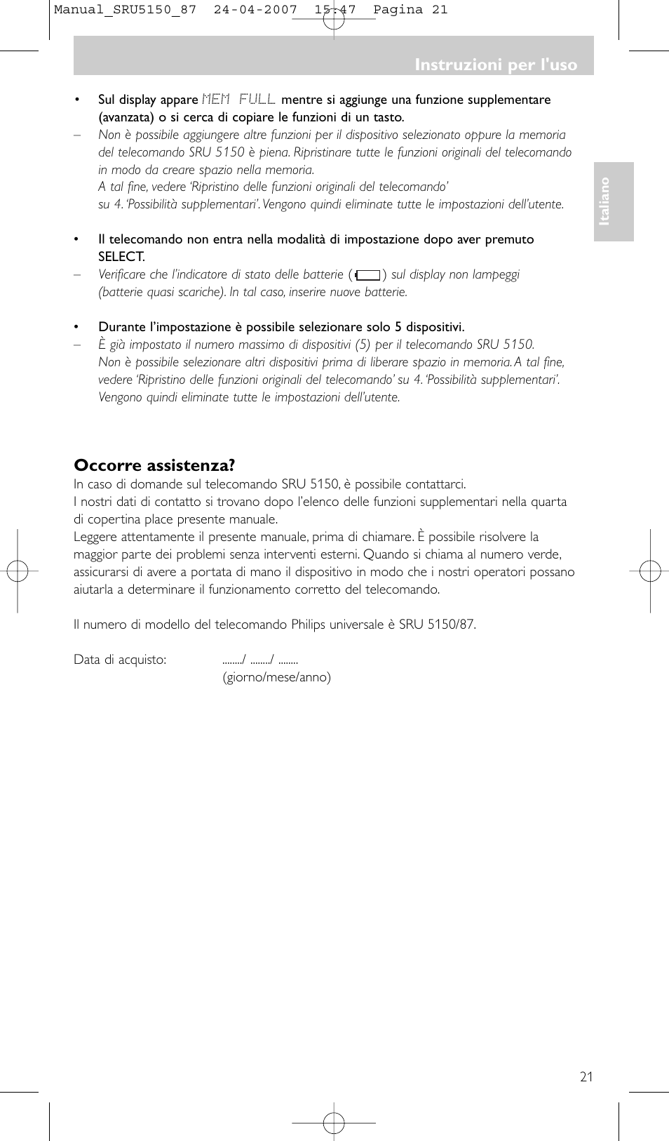 Occorre assistenza, Instruzioni per l'uso | Philips Mando a distancia universal User Manual | Page 21 / 80