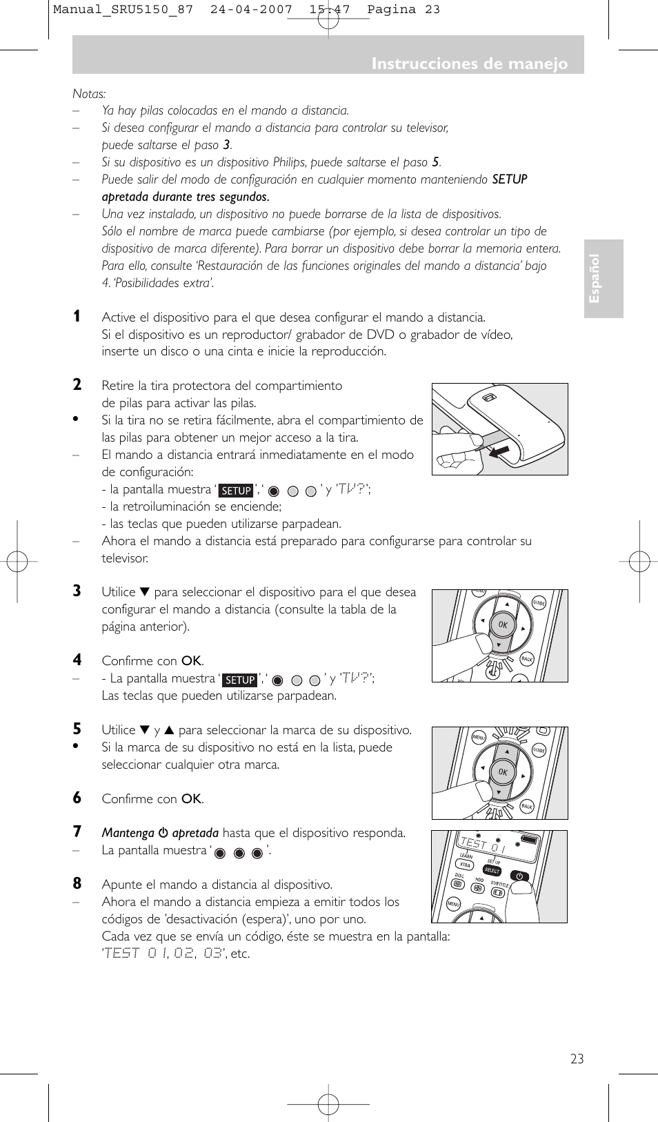 Instrucciones de manejo | Philips Mando a distancia universal User Manual | Page 23 / 80