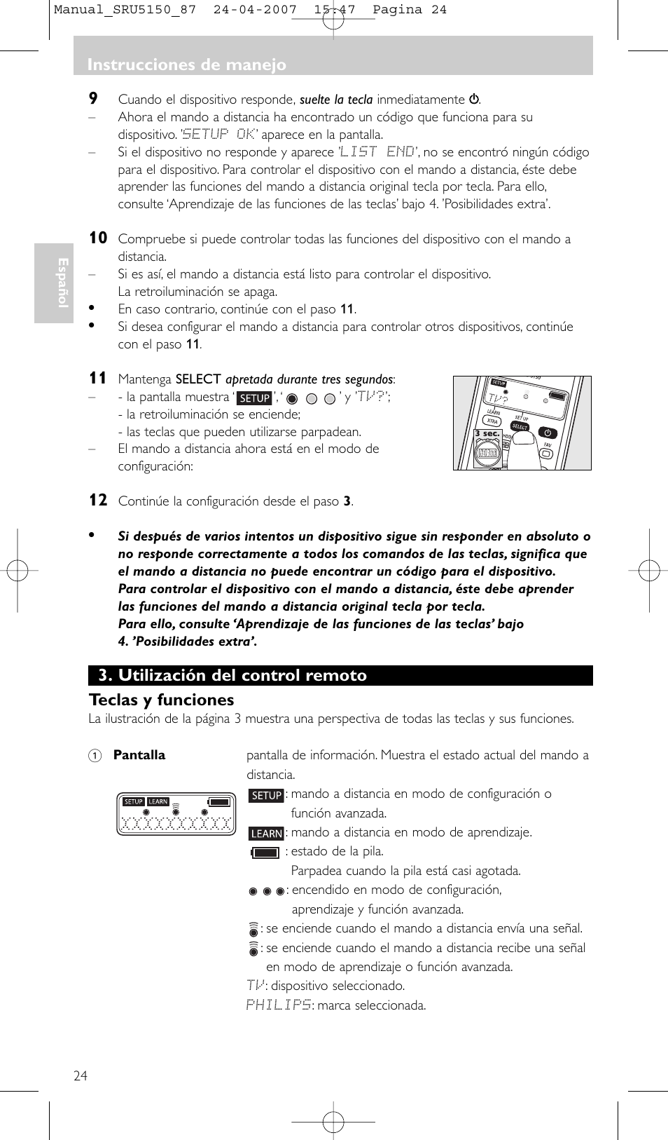 Utilización del control remoto teclas y funciones, Instrucciones de manejo | Philips Mando a distancia universal User Manual | Page 24 / 80