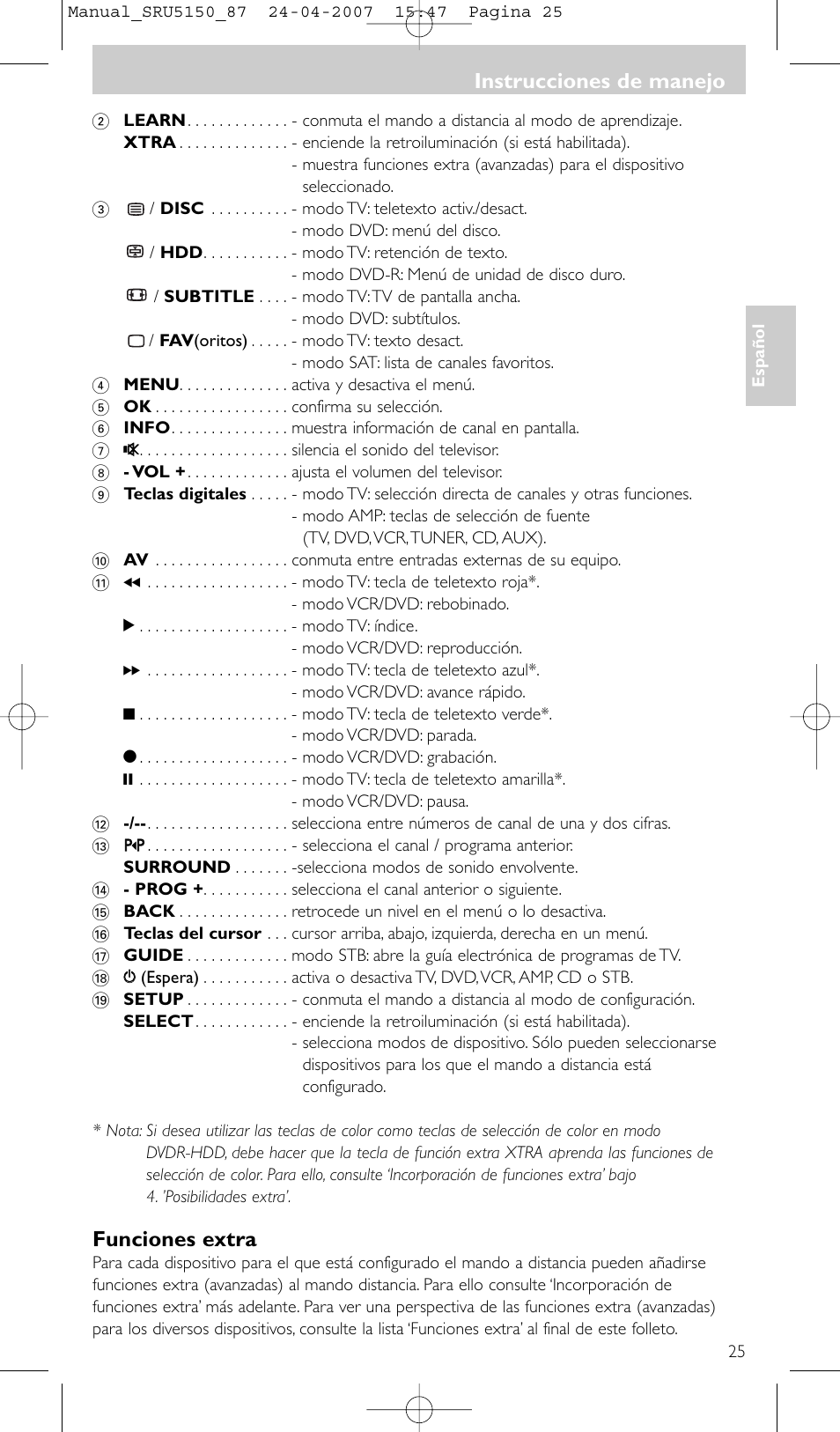 Funciones extra, Instrucciones de manejo | Philips Mando a distancia universal User Manual | Page 25 / 80