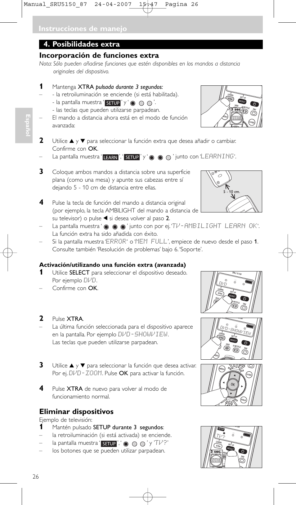 Eliminar dispositivos, Instrucciones de manejo | Philips Mando a distancia universal User Manual | Page 26 / 80