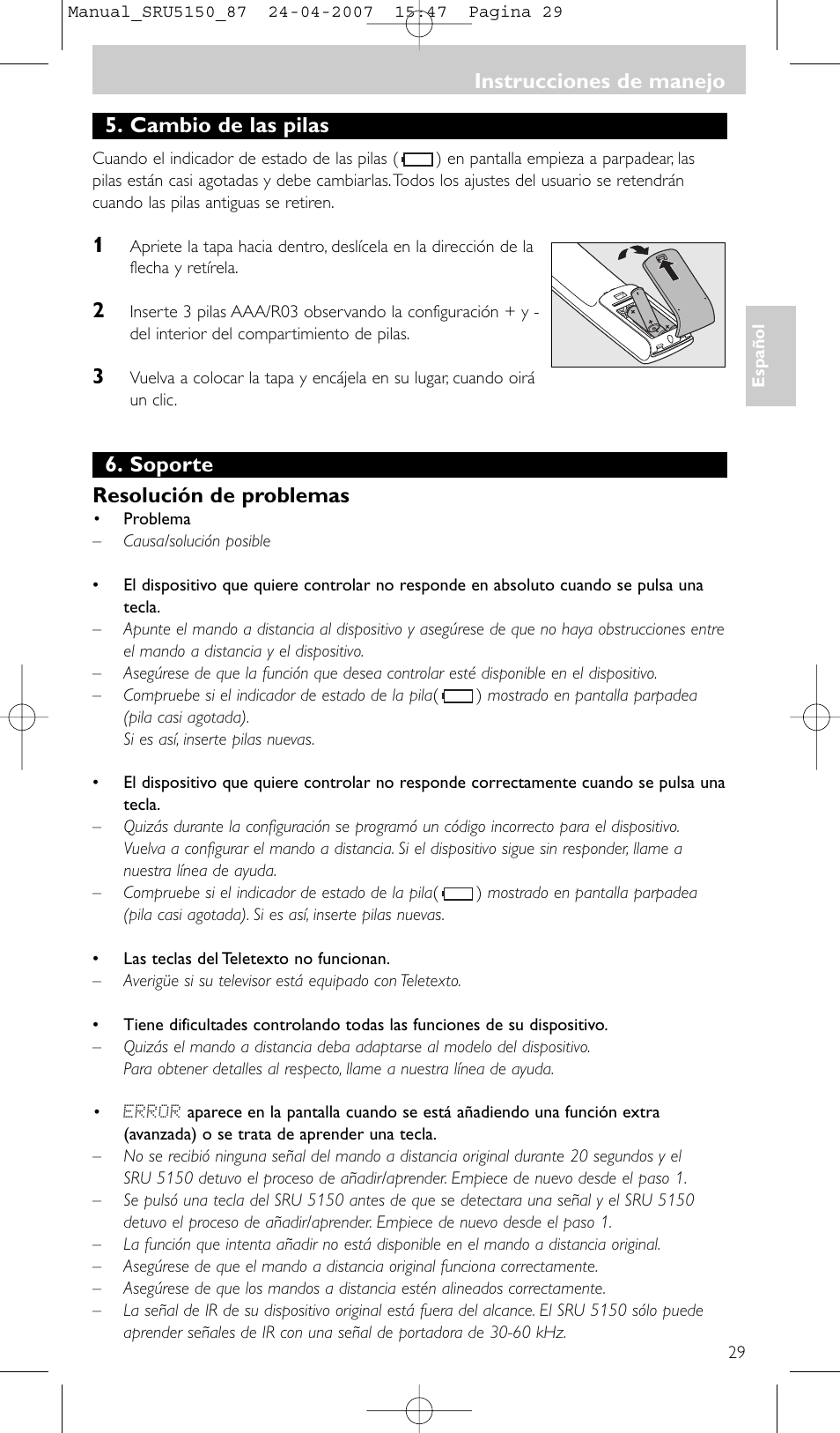 Cambio de las pilas, Soporte resolución de problemas, Instrucciones de manejo | Philips Mando a distancia universal User Manual | Page 29 / 80