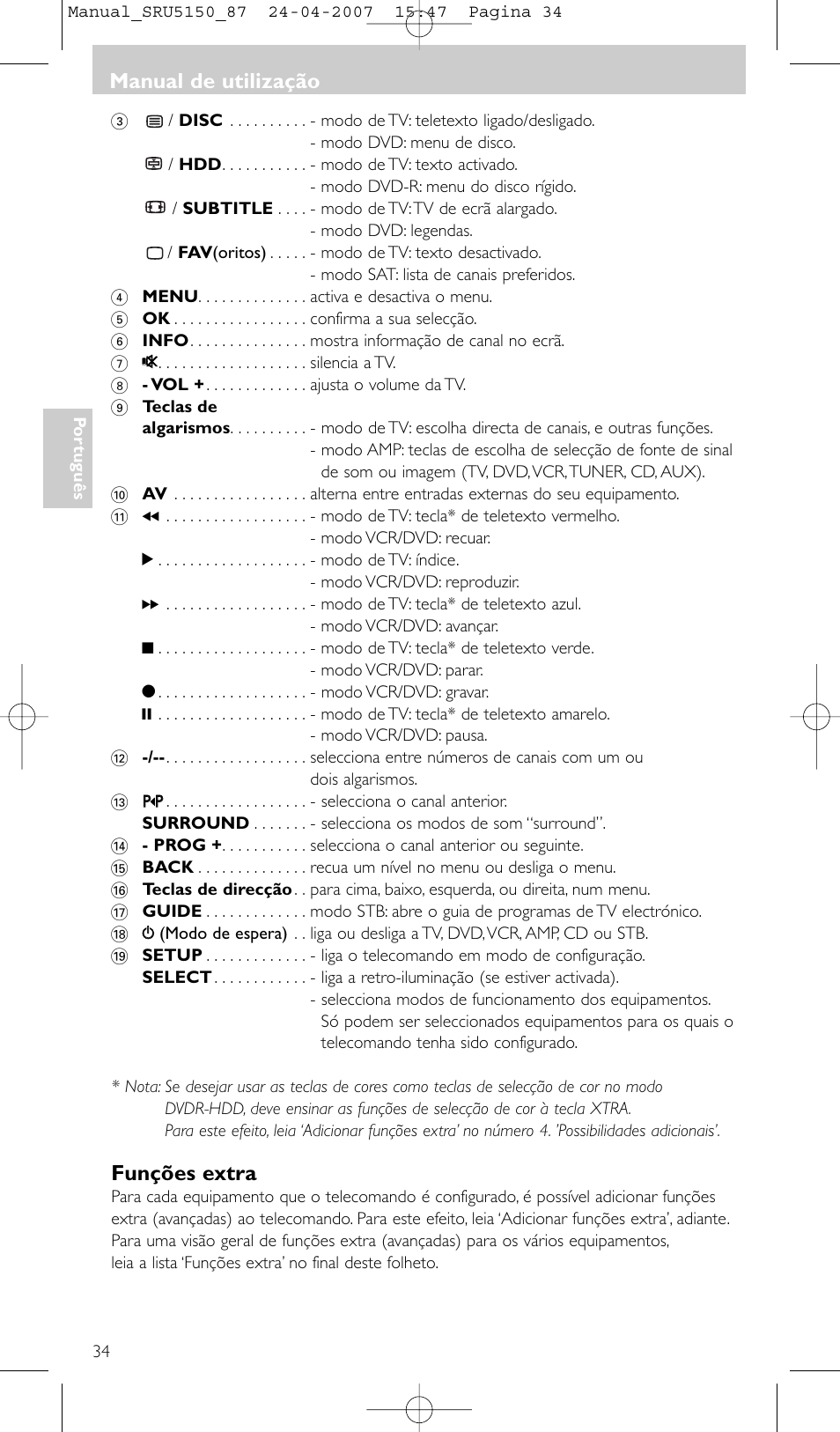 Funções extra, Manual de utilização | Philips Mando a distancia universal User Manual | Page 34 / 80