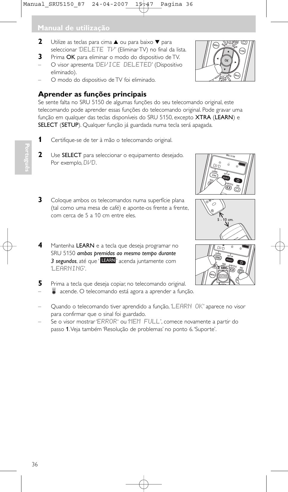 Aprender as funções principais, Manual de utilização | Philips Mando a distancia universal User Manual | Page 36 / 80