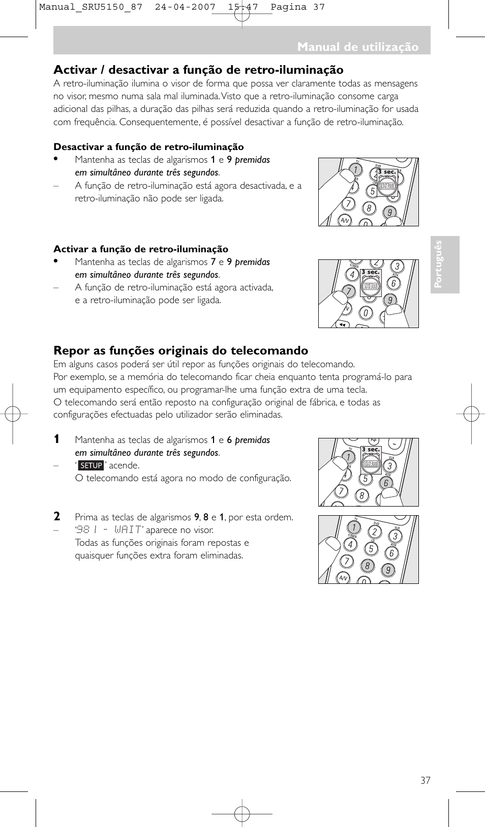 Activar / desactivar a função de retro-iluminação, Repor as funções originais do telecomando, Manual de utilização | Philips Mando a distancia universal User Manual | Page 37 / 80