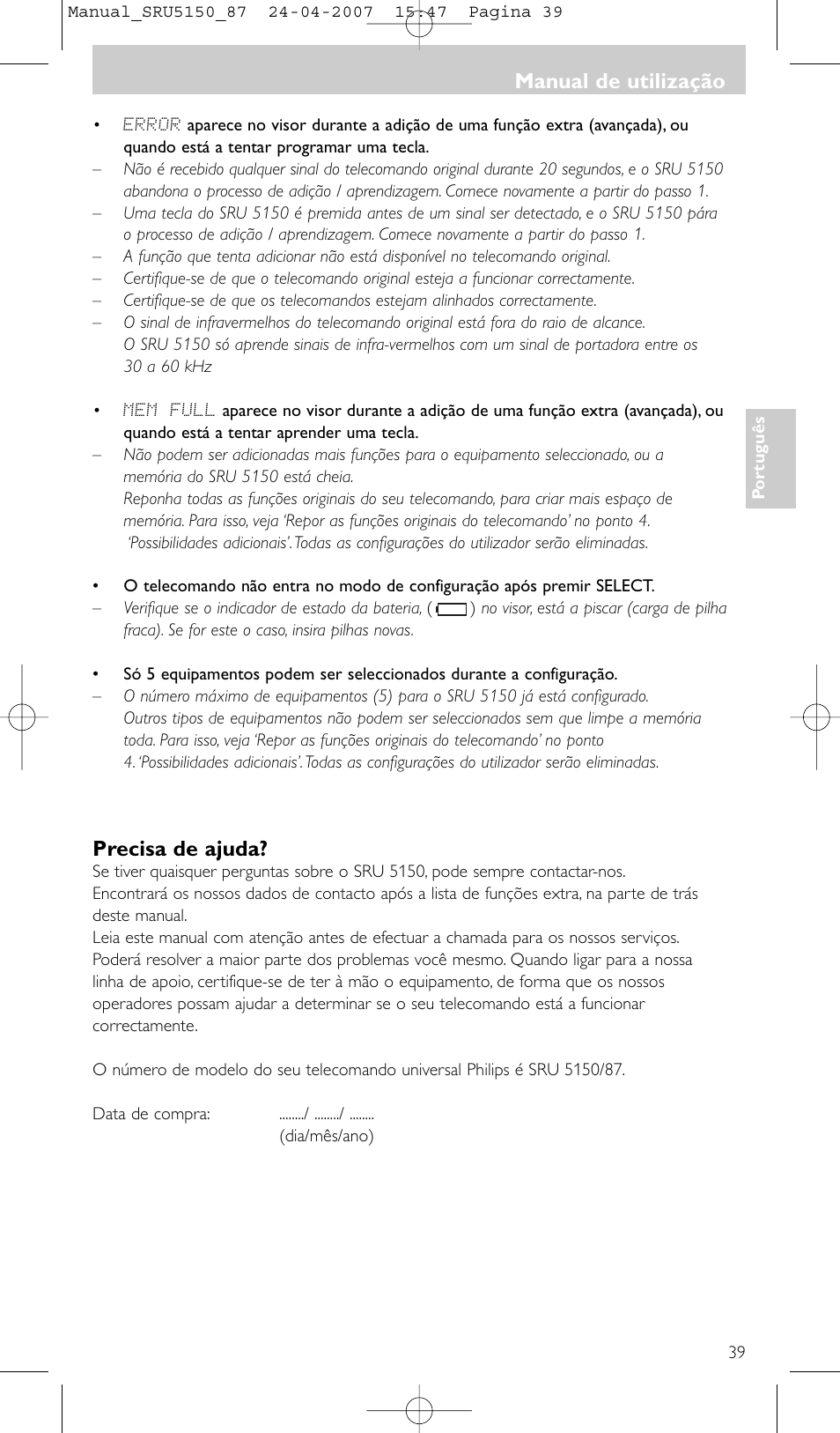 Precisa de ajuda, Manual de utilização | Philips Mando a distancia universal User Manual | Page 39 / 80