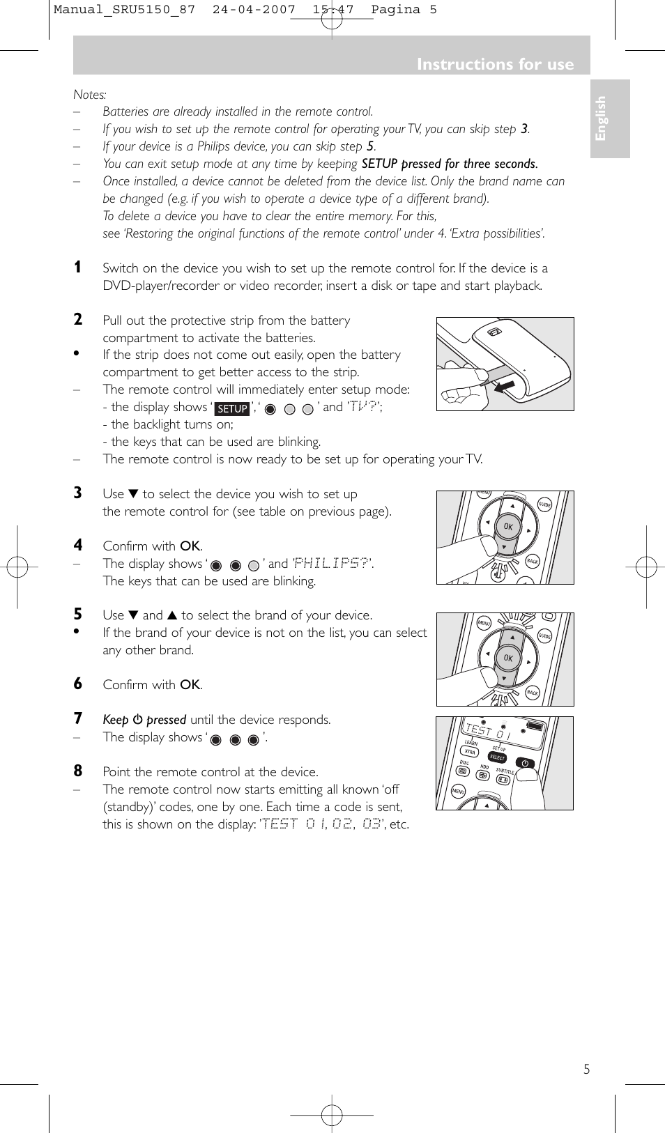Instructions for use | Philips Mando a distancia universal User Manual | Page 5 / 80