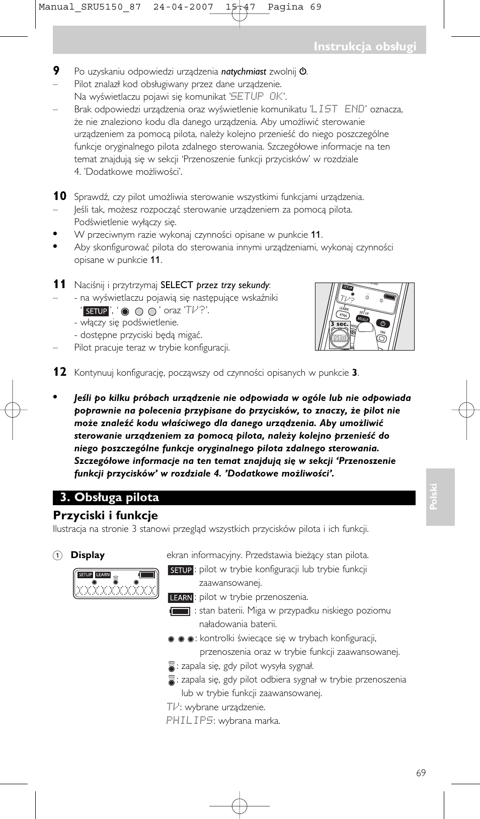 Instrukcja obsługi 9, Obsługa pilota przyciski i funkcje, Instrukcja obsługi | Philips Mando a distancia universal User Manual | Page 69 / 80