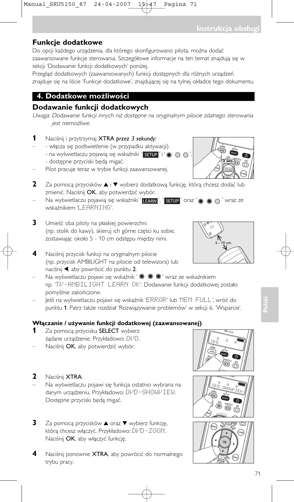 Instrukcja obsługi funkcje dodatkowe, Dodatkowe możliwości dodawanie funkcji dodatkowych, Instrukcja obsługi | Philips Mando a distancia universal User Manual | Page 71 / 80