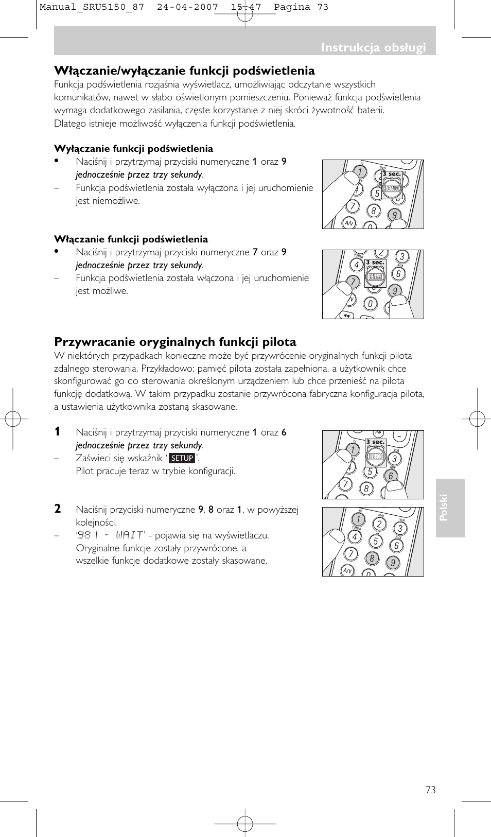 Przywracanie oryginalnych funkcji pilota, Instrukcja obsługi | Philips Mando a distancia universal User Manual | Page 73 / 80