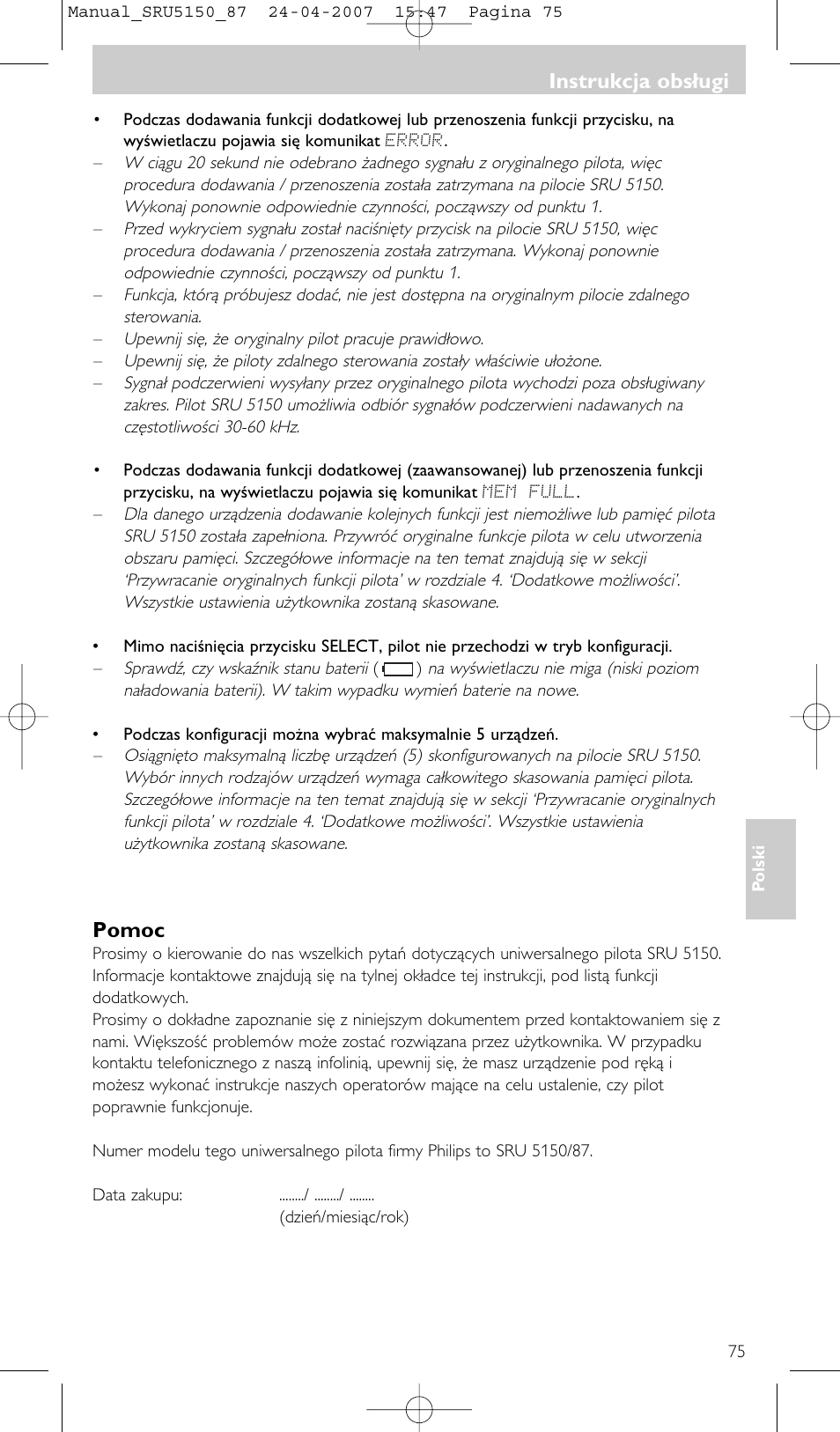 Instrukcja obsługi, Pomoc | Philips Mando a distancia universal User Manual | Page 75 / 80