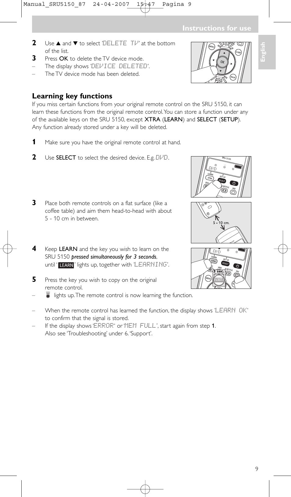 Learning key functions, Instructions for use | Philips Mando a distancia universal User Manual | Page 9 / 80