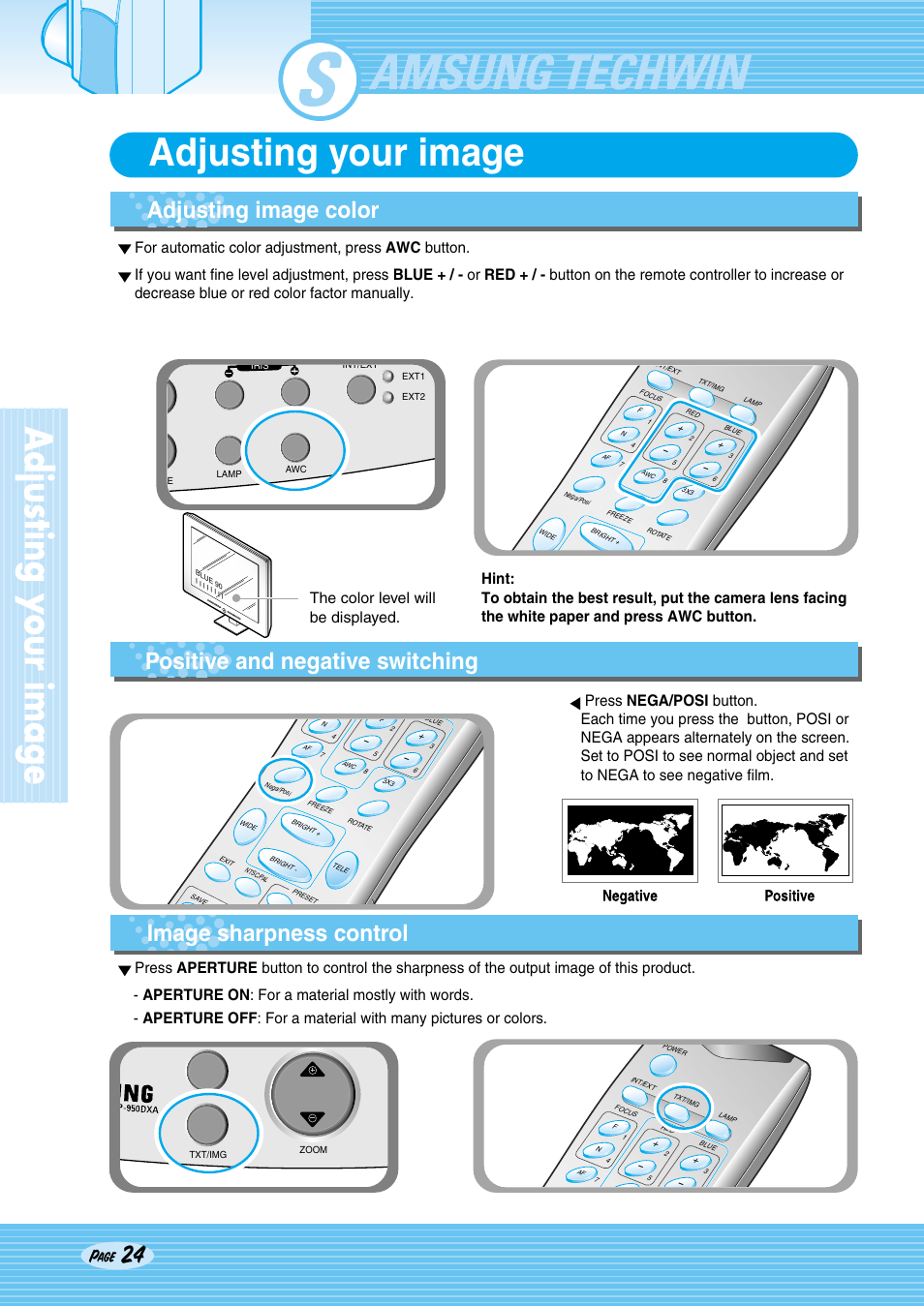 Sdp-950, Adjusting your image, Adjusting image color image sharpness control | Positive and negative switching, The color level will be displayed, Page | Samsung SDP-950STA User Manual | Page 24 / 45