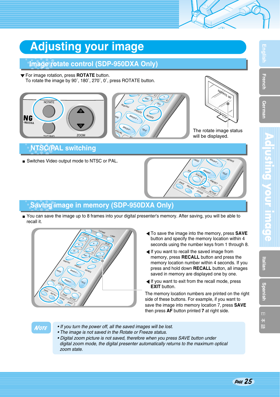 Adjusting your image, Ntsc/pal switching, English | French german italian spanish, The rotate image status will be displayed, Switches video output mode to ntsc or pal, Page | Samsung SDP-950STA User Manual | Page 25 / 45