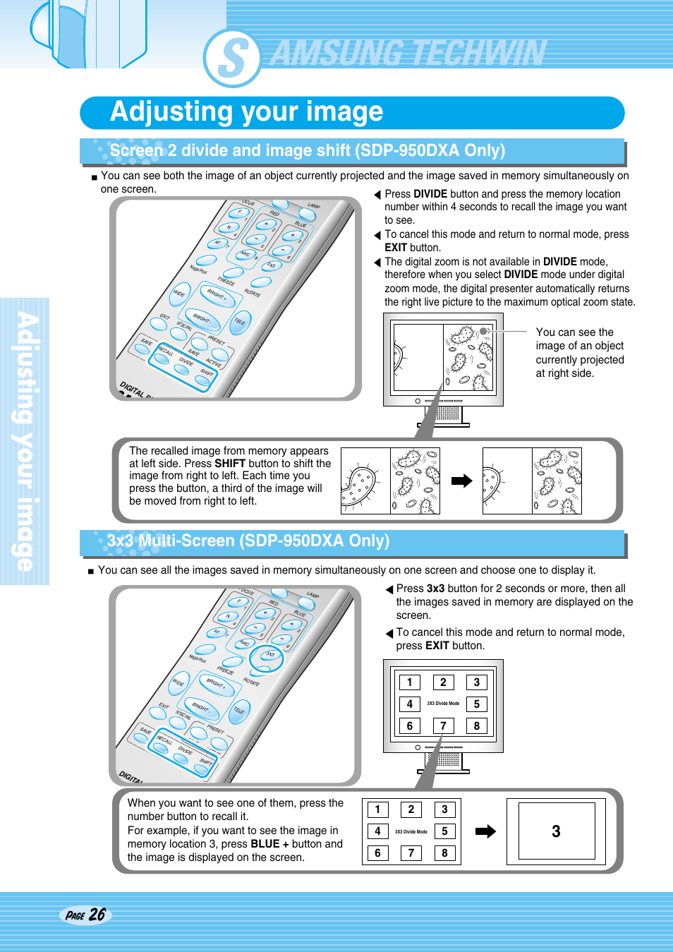 Sdp-950, Adjusting your image, Screen 2 divide and image shift (sdp-950dxa only) | Page | Samsung SDP-950STA User Manual | Page 26 / 45