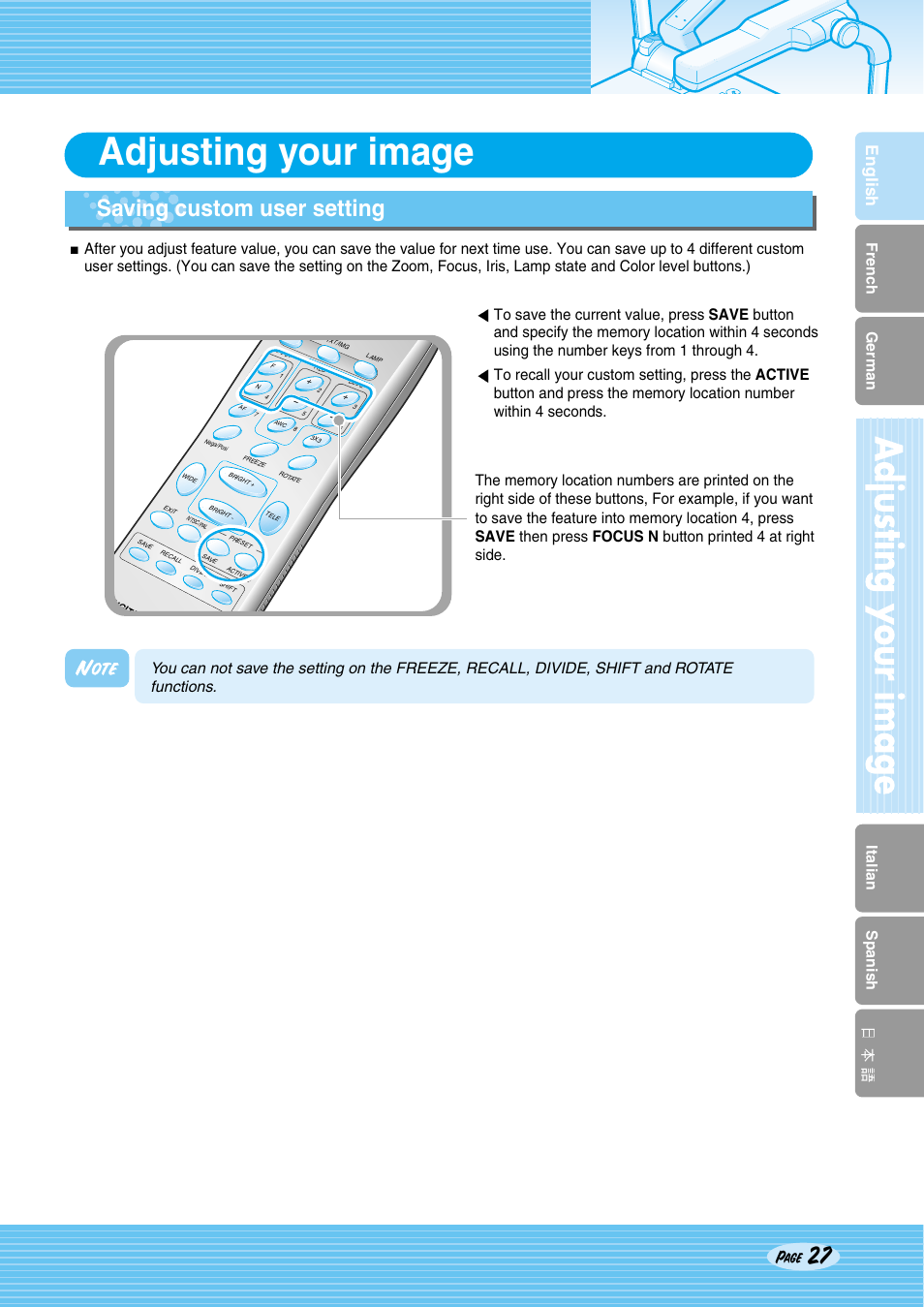 Adjusting your image, Saving custom user setting, English | French german italian spanish, Page | Samsung SDP-950STA User Manual | Page 27 / 45